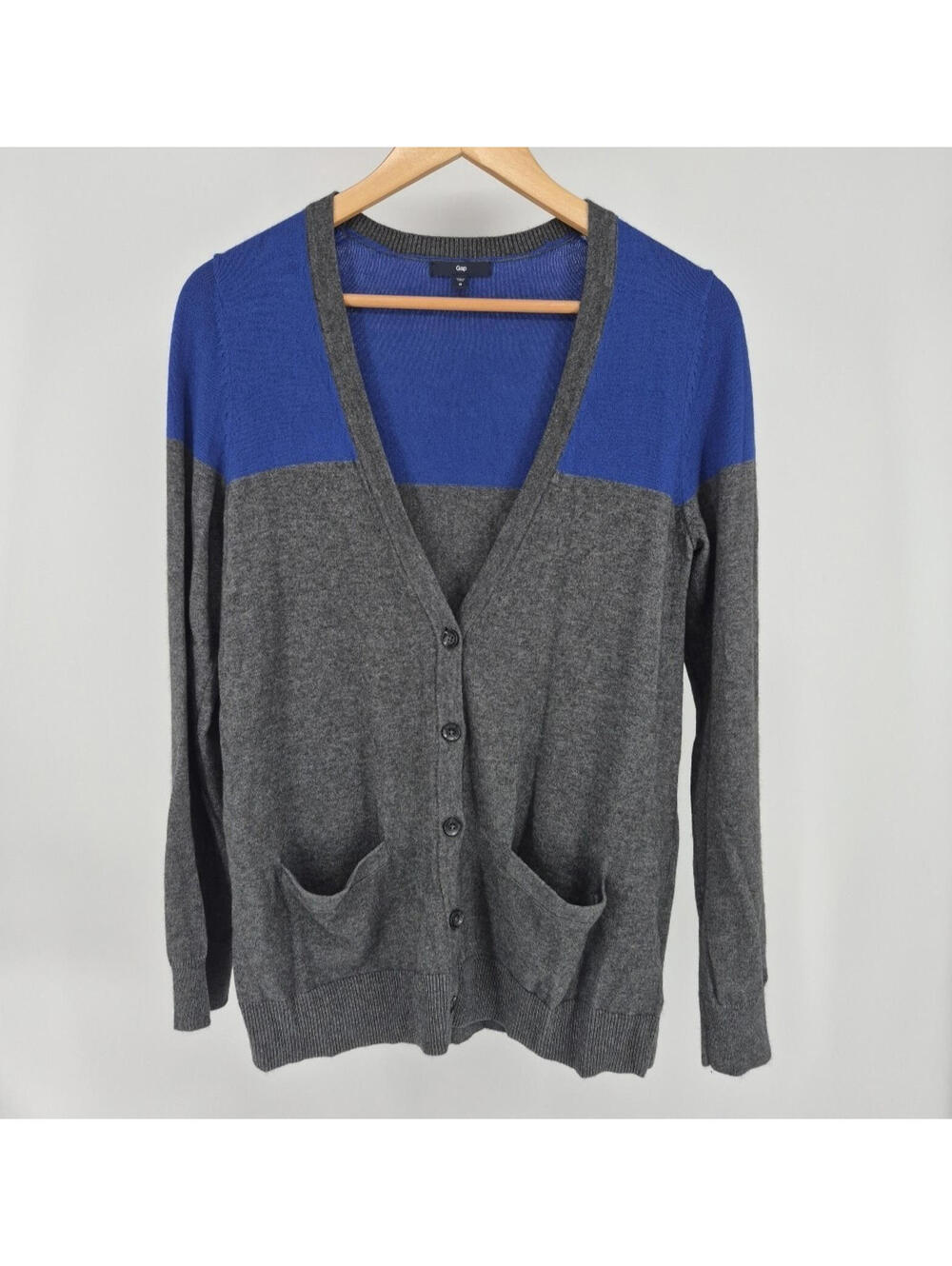 GAP Cardigan Sweater Navy Grey Soft Stripe Women's M Cotton Rabbit Hair Blend